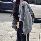 Vevesc Y2k Grunge Cross Crop Grey Denim Jackets Women Hippie Streetwear 90s Oversize Zip Jackets Harajuku Kpop Coat Female