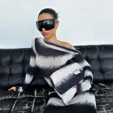 Vevesc Black And White Striped Asymmetrical Dress One Shoulder Long Sleeve Maxi Dresses Fall 2024 Fashion Women Y2K Outfits