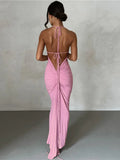 Vevesc Spaghetti Strap Backless Ruched Maxi Dress For Women Robe Sleeveless Wrap Hip Bodycon Party Long Dress Vestidos