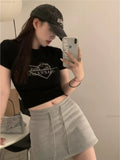 Vevesc Y2k Aesthetic Heart Letter Diamond Crop Top Summer Slim Korean Women T-shirt Casual Fashion Trendy Sweet Thirt Shirt Femme