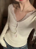 Vevesc Fake Two Pieces Lace Patchwork Bottoming Tee Shirts Autumn Slim Sexy T-shirt Women Y2k Aesthetic Grunge See Through Crop Tops