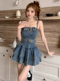 Vevesc  Vintage Elegant Denim Dresses Solid Color Bow Ruffles Patchwork Hollow Out Tank Dress Summer Female Slim Women's Clothing