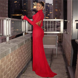 Vevesc Sexy Cut Out Backless Red Party Dress Women Elegant Luxury Turtleneck Long Sleeve Maxi Dresses Evening Gown