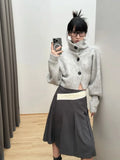 Vevesc Gray Turtleneck Knitted Cardigan Harajuku Korean Style Cropped Sweaters Gyaru Y2k Vintage Striped Loose Knitwears Basic