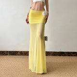 Vevesc  See Through Mesh Patchwork Split Long Skirt Yellow Color Furry Decorate Bodycon Skirts Korean Fashion Holiday Outfits