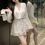 Vevesc V-neck Lace-up Pleated Casual Long-sleeved Dress Women 2024 Summer New Korean Solid Color All Match Chiffon Mini Dress