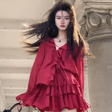 Vevesc Elegant V-neck Ruffles Long Sleeve Tops Women+ Y2k E-Girl High Waist Ruched A-line Skirts Spring New Red Two Piece Sets