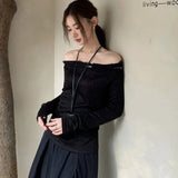 Vevesc Fashion Design Sexy Korean Slash Neck Shirts Patchwork Lace Y2k Aesthetic Harajuku Girl Base Tops All  Match Loose Clothes