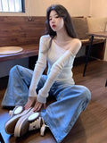 Vevesc Harajuku Skew Collar Slim Fit T-shirts Spring Streetwear White Knitted Grunge Tops Women Sexy Y2k Aesthetic Cropped Tees