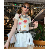 Vevesc Summer Star Print Slim T-shirts Casual O Neck Chic Fashion Y2k Crop Tops Women Short Sleeve Split Roupas Femininas