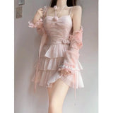 Vevesc Two Pieces Set Pink Sexy Y2k Aesthetic Fairy Ball Gown Camisole Dress+Japanese Women Sweet Grunge Fashion Long Sleeve Cardigans