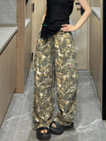Vevesc Autumn Winter New Low Rise Jeans Y2k Ladies American High Street Baggy Pants Woman Camouflage Drawstring Mop Jeans for Women