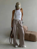Vevesc  Simple Fake Two Loose Wide Leg Pants Spring and Summer Women Fashion High Waist Lace Up Design Interview Office Casual Pants
