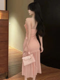 Vevesc  Sexy 3D Flowers Suspender Party Dress Women Sleeveless High Waist Slim Folds Mesh Mid Length Evening Dresses Elegant