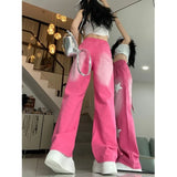 Vevesc American Vintage Star Print Street Denim Pants 2024 Autumn Sweet Pink Trousers Women Y2k Grunge High Waist Wide Leg