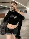 Vevesc Slash Neck Butterfly Tie-dye Crop Tshirts Streetwear Slim Fit Fur Patchwork Fairy Tees Women Y2k Aesthetic Grunge T-shirts Sexy