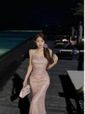 Vevesc  Evening Dress Women French Style Swinging Collar Shiny Sequin Folds Waist Slim Fishtail Long Dresses Temperament Summer