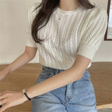 Vevesc Spring Summer Knitting T-shirts Simple Hemp Pattern O Neck Solid Knitted Tees Short Sleeve Korean Fashion Ropa De Mujer