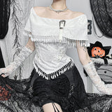 Vevesc Goth Dark Elegant Fashion Tassels Off Shoulder Crop Tops 90s Grunge Bow  White T-shirts Gothic Techwear Cyber Y2K Outfits