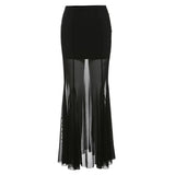 Vevesc Black Mesh Long Skirts Women Transparent Patchwork High Waisted Hip Wrap Skirts Coquette Party Slim Fit Sexy Club Skirt