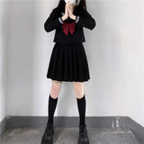 Vevesc Japanese School Uniform Girls Jk Suit Red Tie Black Oversized Patchwork Basic Sailor Uniform Women Long Sleeve Suit