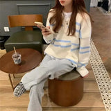 Vevesc Preppy Style V Neck Striped Pullovers Sueter Mujer   Sweet Contrast Color Korean Women Sweaters Y2k Casual Chic