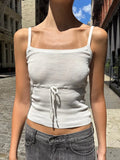 Vevesc  Drawstring White Knitted Tank Top for Woman Sleeveless Elastic Cotton Thin Vest Sweet Cute Simple Lace-up Y2k Crop Tops Summer