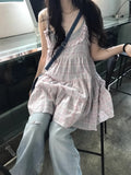 Vevesc Y2k Aesthetic Plaid Ruffled Women Dress Grunge Loose Harajuku Pleated Tank Dresses Summer Streetwear Sweet Vestidos De Mujer