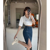 Vevesc Slit Denim Midi Skirt Women Vintage High Waist Hip Wrap Jeans Skirts Summer Streetwear Korean Slim Split Pencil Skirt New