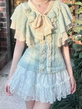 Vevesc  Summer Vintage Sweet Skirt Set Lace Splicing Bow Slim Fit Ruffle Sleeve Top Cake Mini Skirt Two Piece Set Women Outfits