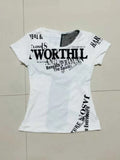 Vevesc Y2k Aesthetic Letter Printing Grunge Crop Tops Summer Slim Fit Fairy Women T-shirt Casual Patchwork Vintage Shirt Femme