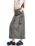 Vevesc Women Blue A-line Denim Cargo Skirt Y2k Long Cowboy Skirts 90s Aesthetic Harajuku Korean Emo Jeans Skirt 2000s Vintage Clothes