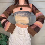 Vevesc Y2k Knit Long Sleeve Shrug Women Crop Tops Cut Out Crochet Top See Through Sweater Vintage Streetwear Summer New Female Clothes