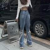 Vevesc Y2K Flare Jeans Women Streetwear Bandage Wide Leg Denim Pants Harajuku Korean High Waist Lace Up Loose Casual Trousers