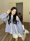 Vevesc Women's Striped Shirts Blouses Y2k Aesthetic Streetwear Vintage Korean 2000s Elegant Long Sleeve Polo-Neck Shirt Clothes Summer