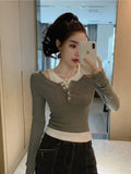 Vevesc Casual Slim Skinny Tshirts Women Korean Fashion Kpop Fake Two Piece Tees Design Off Shoulder Long Sleeve Tops Autumn