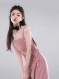 Vevesc Summer Lace Kawaii Fairy Dress Women Pink Elegant Strap Midi Dress Female Casual Korean Fashion Party Sweet Slim Dress New