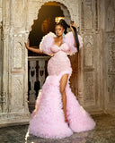 Vevesc Aso Ebi Stylished Sparkle Sequined Pink Long Mermaid Evening Dresses With Big Volume Ruffles Tulle Bottom African Evening Gowns