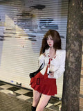 Vevesc Pure Lust Style Womens Suit Short V Neck Pleated Long Sleeved Shirt A Line Skirt Short Skirt Korean JK Uniform Two Piece Set