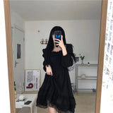 Vevesc Gothic Black Stitching Dress Y2K Summer Ruffles Irregular Dress Lace Chic A Line Dress Korean Puff Sleeves Sexy Slim Dress