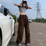 Vevesc Y2K Brown Drawstring Cargo Pants Women Vintage Hip Hop Streetwear Baggy Pocket Wide Leg Trousers Summer Casual Straight Pants