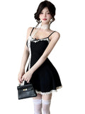 Vevesc  Black Patchwork Lace Bow Sling Sexy Mini Dresss Women Elegant Casual Y2k Dress Summer Korean Fashion Bodycon Evening Dress