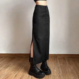 Vevesc Women Midi Skirts Goth Dark Grunge Casual Tag Split Mall Gothic Punk High Raise Slim Long Skirt Y2k Sexy Fashion Streetwear