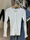 Vevesc  White Striped Slim Long Sleeve T-Shirt Woman Autumn O-neck Single Breasted Thin Tees Solid Simple Sweet Skinny Cotton Tshirt Y2k