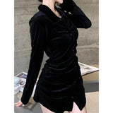 Vevesc Vintage Shirts Women Black Velvet Pleated Blouses Korean Elegant Folds Turn Down Collar Long Sleeve Slim Chic Casual Tops