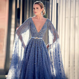Vevesc Blue Cape Sleeves Sexy Deep V-neck Evening Dresses Customized Luxury A-Line Beaded Party Gowns For Women
