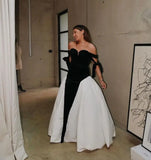 Vevesc New Couture Black&White Velvet Long Evening Dresses Sweetheart Bow Straps Modest Formal Party Dress Evening Gowns