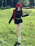 Vevesc Lace Patchwork Two-piece Set Contrast Color Crop T-shirt + High Waist Bandage Shorts Autumn Femme Casual Slim Grunge Suit