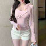 Vevesc Vintage Mesh Splicing Sexy Slim Pink Long-sleeved T-shirt Women 2024 Spring New Streetwear Lace-up Pleated Casual Tops