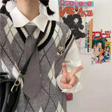 Vevesc Vintage Preppy Style Red Argyle Sweater Vest Women Japanese Kawaii Cute Bear Knitted Top Oversize Grey Jumper Female